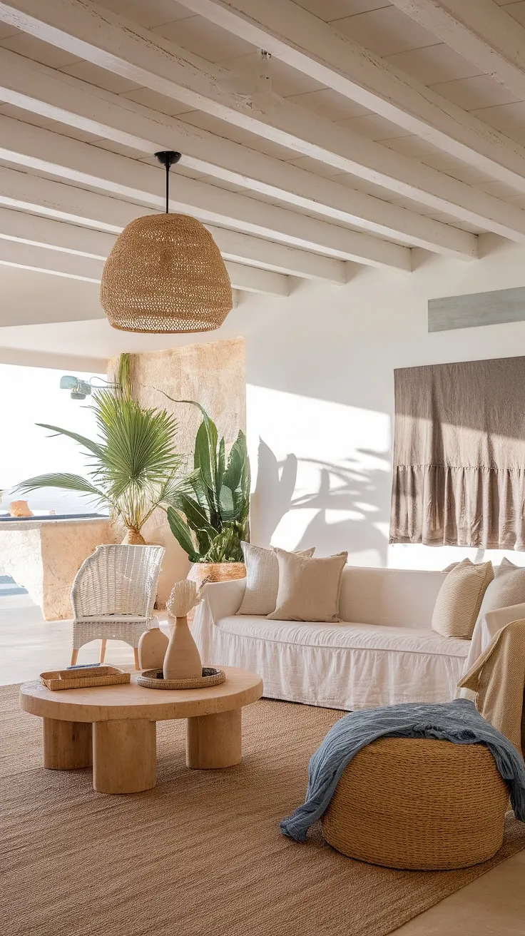 This Mallorca-inspired living room blends modern Mediterranean, French Caribbean, and industrial beach house styles for a minimal aesthetic.
