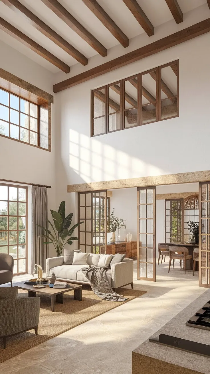 Sunlight streams into a Mallorcan living room, where modern and rustic furniture blend beneath high ceilings and exposed wooden beams.