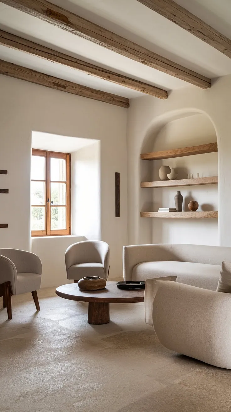 A modern Mediterranean home interior blends simple design with natural materials for a calming atmosphere.