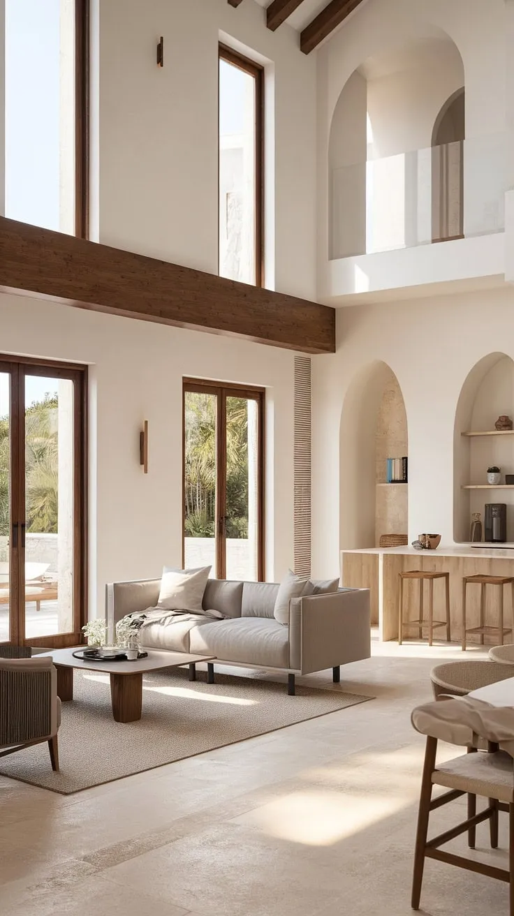 Mallorcan sunlight streams into a minimalist living space blending modern design with Mediterranean and French Caribbean influences.