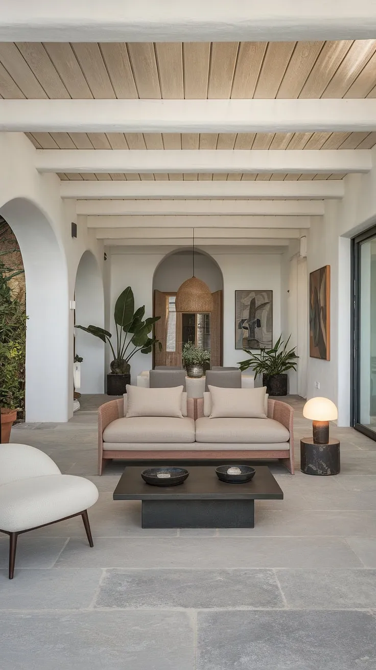 Minimalist Mediterranean design showcases a serene living space with clean lines and natural elements