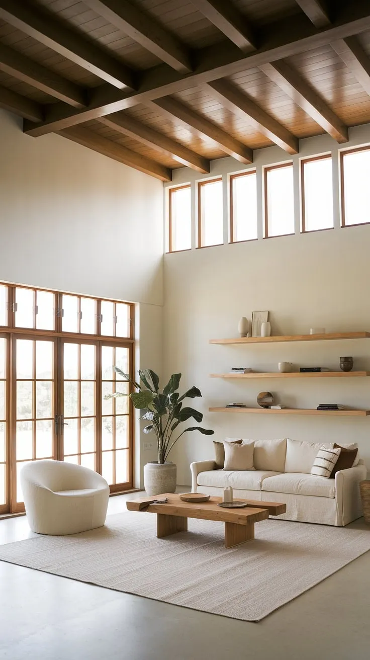 Sunlight streams into a minimalist Mediterranean living room, highlighting its high ceilings, wooden beams, and calming beige palette.