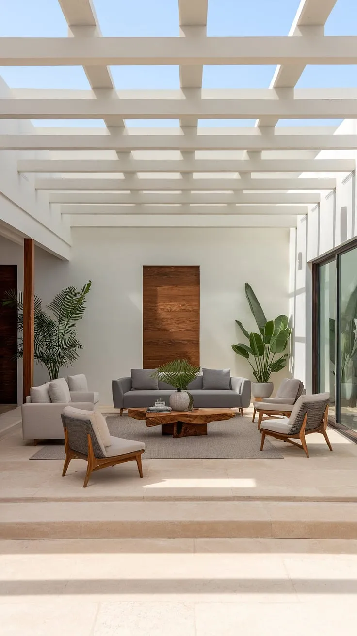 Clean lines and natural materials define this minimalist modern Mediterranean living space.