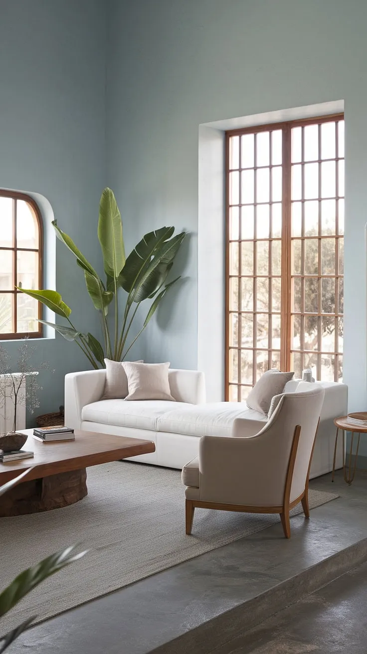 Cool blue walls and a grey concrete floor highlight the airy Mediterranean style of this living room.