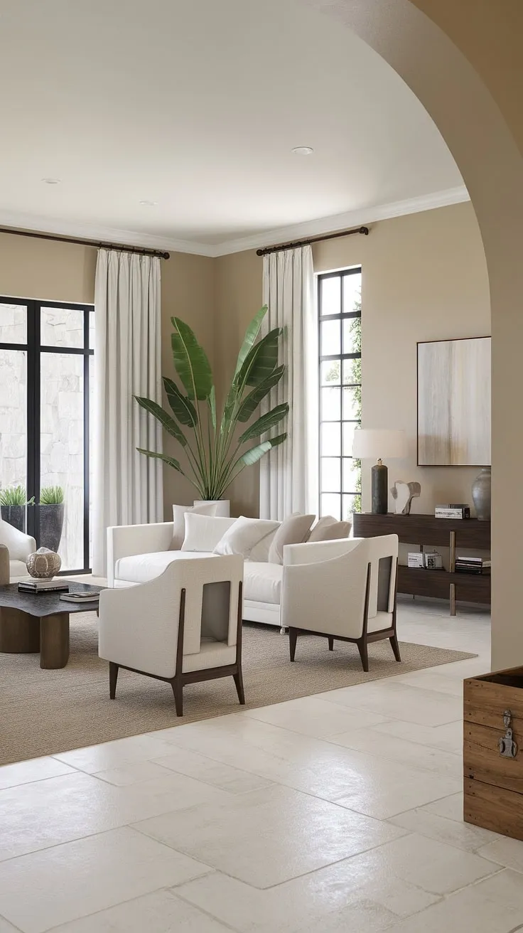 Sunlight streams into a spacious, beige-walled living room of a modern Mediterranean home, highlighting white furniture and large potted plants against a backdrop of white-tiled floors.