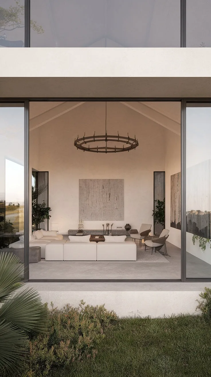Clean lines and minimalist décor define this modern Mediterranean home, its high ceilings and expansive glass doors framing serene outdoor views.