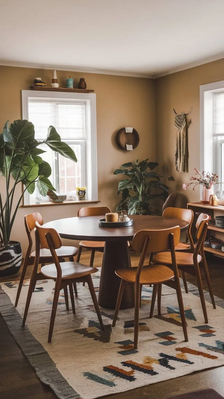 Beige walls set a serene stage for a chic dining area where mid-century charm meets modern elegance.