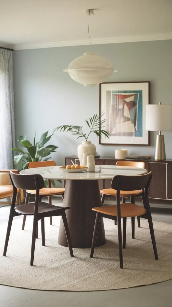 This stunning dining room harmoniously blends mid-century design with modern comfort, featuring a round table that fosters conversation and connection.