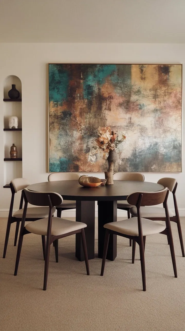 This stylish dining room harmoniously fuses mid-century modern elegance with bohemian charm, creating a captivating backdrop for memorable meals and conversations.