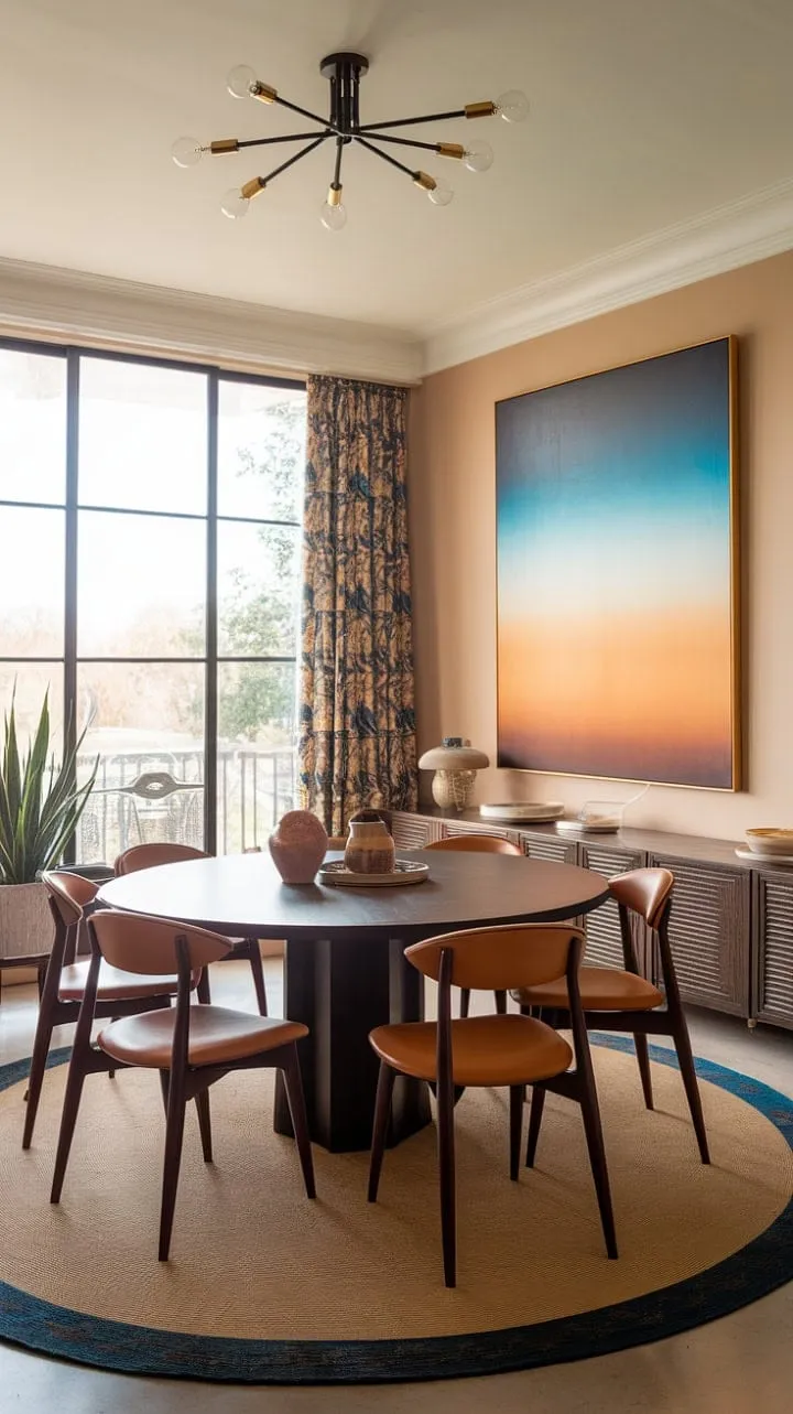 In this mid-century boho dining room, a harmonious blend of rich wood, soft beige, and vibrant art creates a cozy sanctuary that celebrates artful living.
