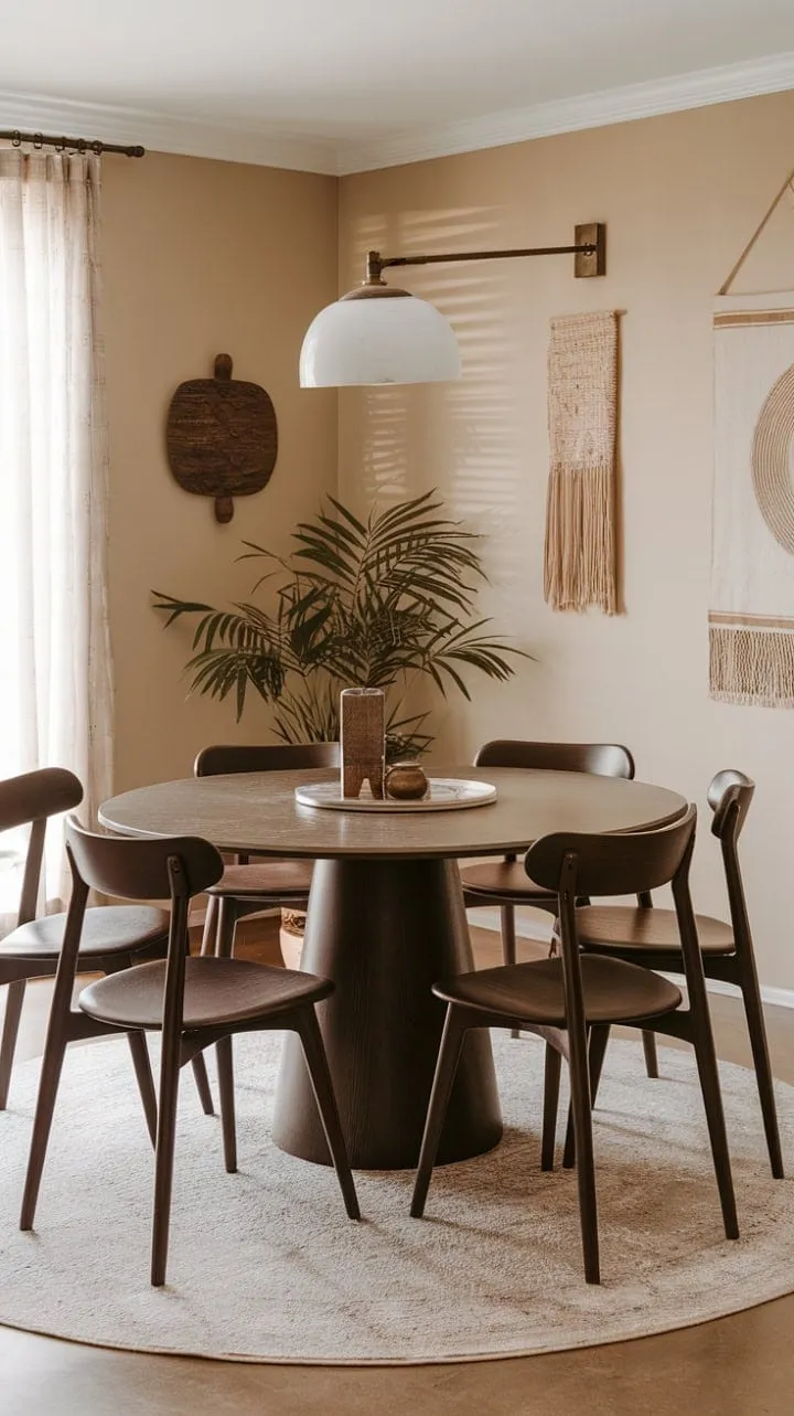 This dining room artfully fuses mid-century modern sophistication with bohemian chic warmth, featuring a dark wood and marble table, curved chairs, and lush greenery for an effortlessly elegant ambiance.