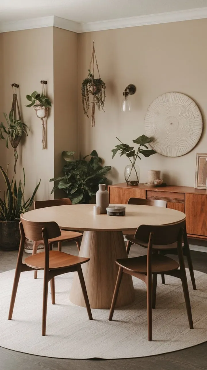 Sunlight dances through a boho-chic dining space, where mid-century modern furniture and lush greenery harmonize vintage charm with contemporary comfort.