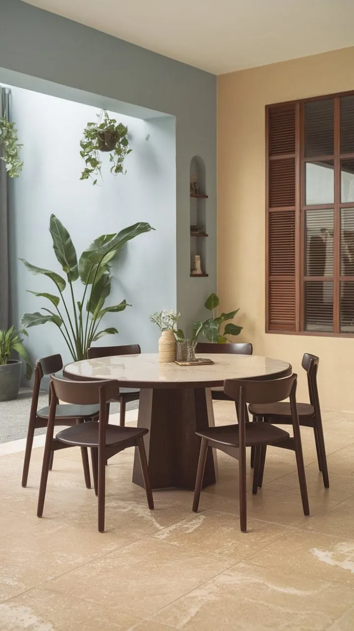 This serene dining room harmoniously fuses modern and mid-century styles, featuring a striking dark wood and white marble table against soothing blue walls and warm beige accents, making it an ideal space for memorable gatherings.