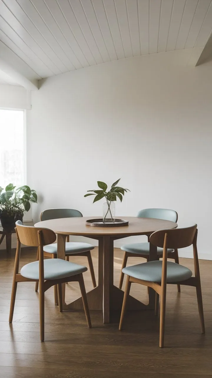 Sunlight bathes the warm wood of a mid-century modern dining set, while serene light blue upholstery on the chairs enhances the inviting ambiance.
