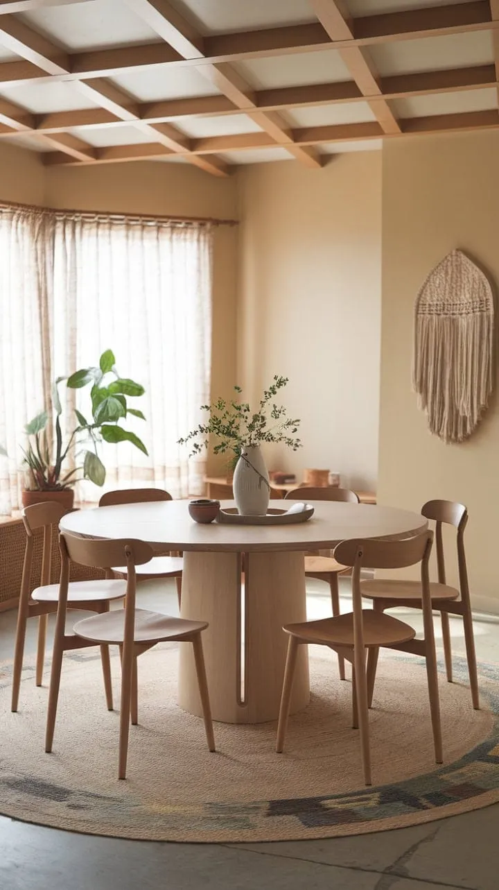 A sunlit mid-century modern dining oasis, where warm wood tones and bohemian flair invite cozy conversations and stylish gatherings.
