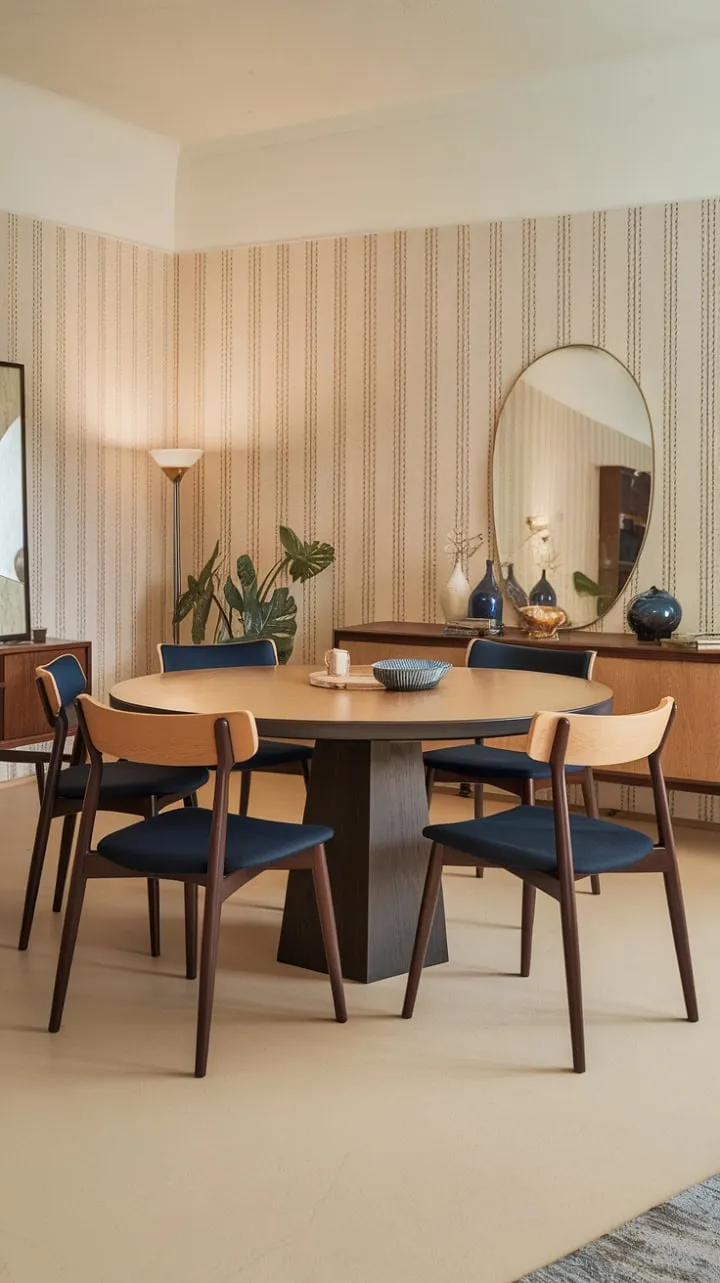 This mid-century modern dining room masterfully combines understated elegance with a harmonious mix of textures and styles, creating a welcoming yet sophisticated atmosphere.