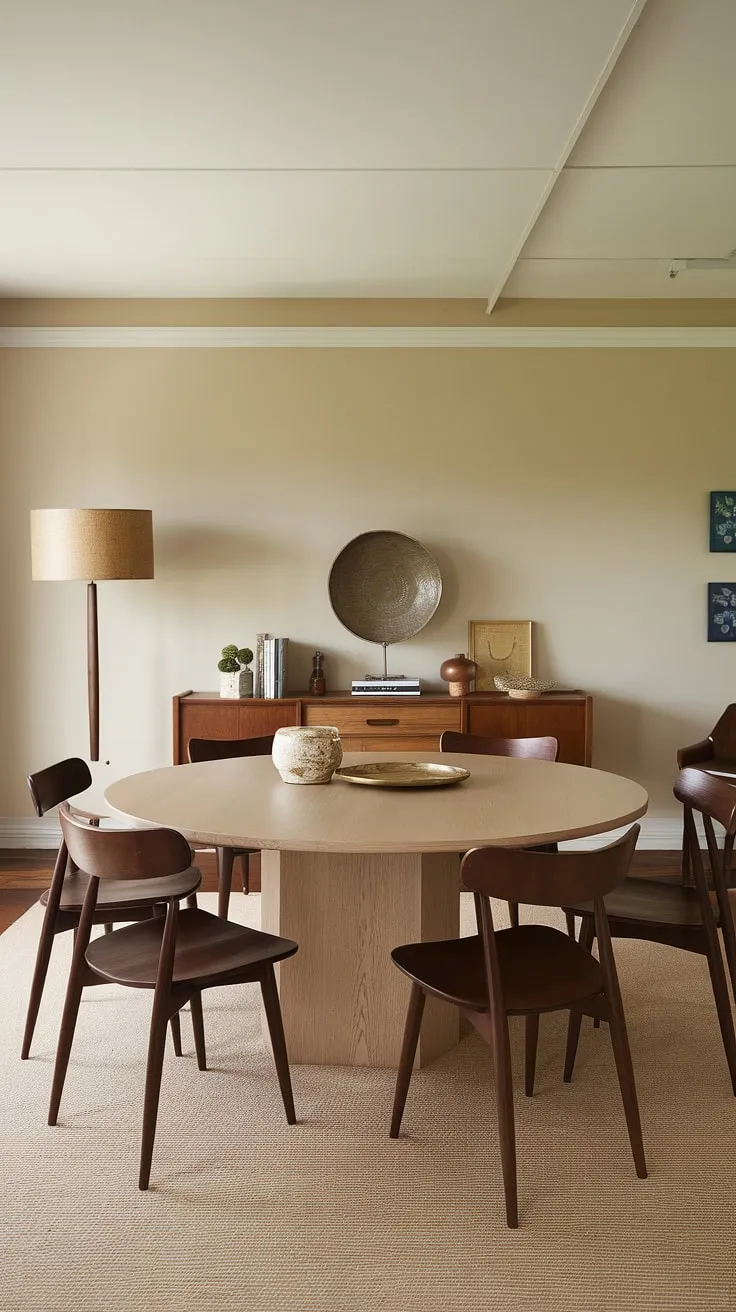 This sun-drenched dining room embodies the timeless appeal of mid-century design. The curved lines of the chairs and the warm tones of the wood create a welcoming atmosphere, perfect for leisurely meals and meaningful conversations. A space where style and comfort seamlessly blend.