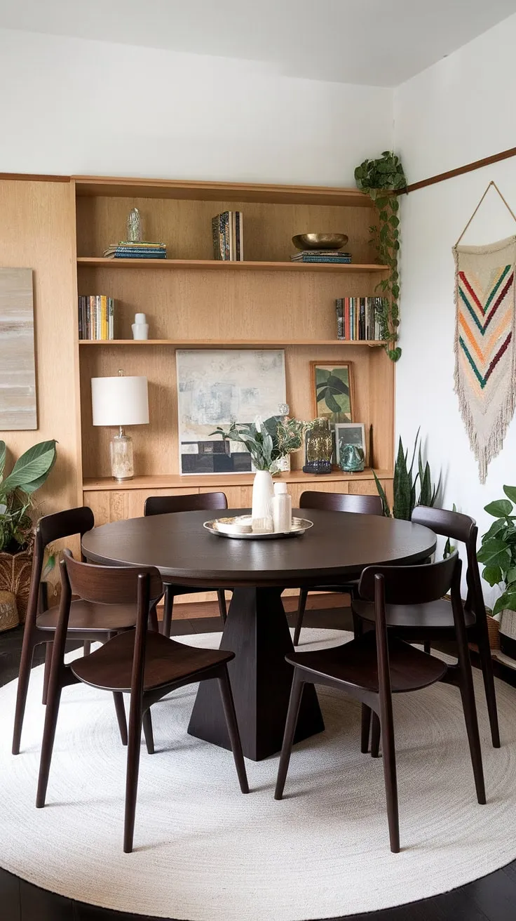 This mid-century modern dining room effortlessly blends classic elegance with a bohemian spirit. The dark wood table, surrounded by its matching chairs, anchors the space, while the light wood shelving and carefully curated décor add warmth and personality. A truly inviting atmosphere for intimate gatherings and cherished moments.
