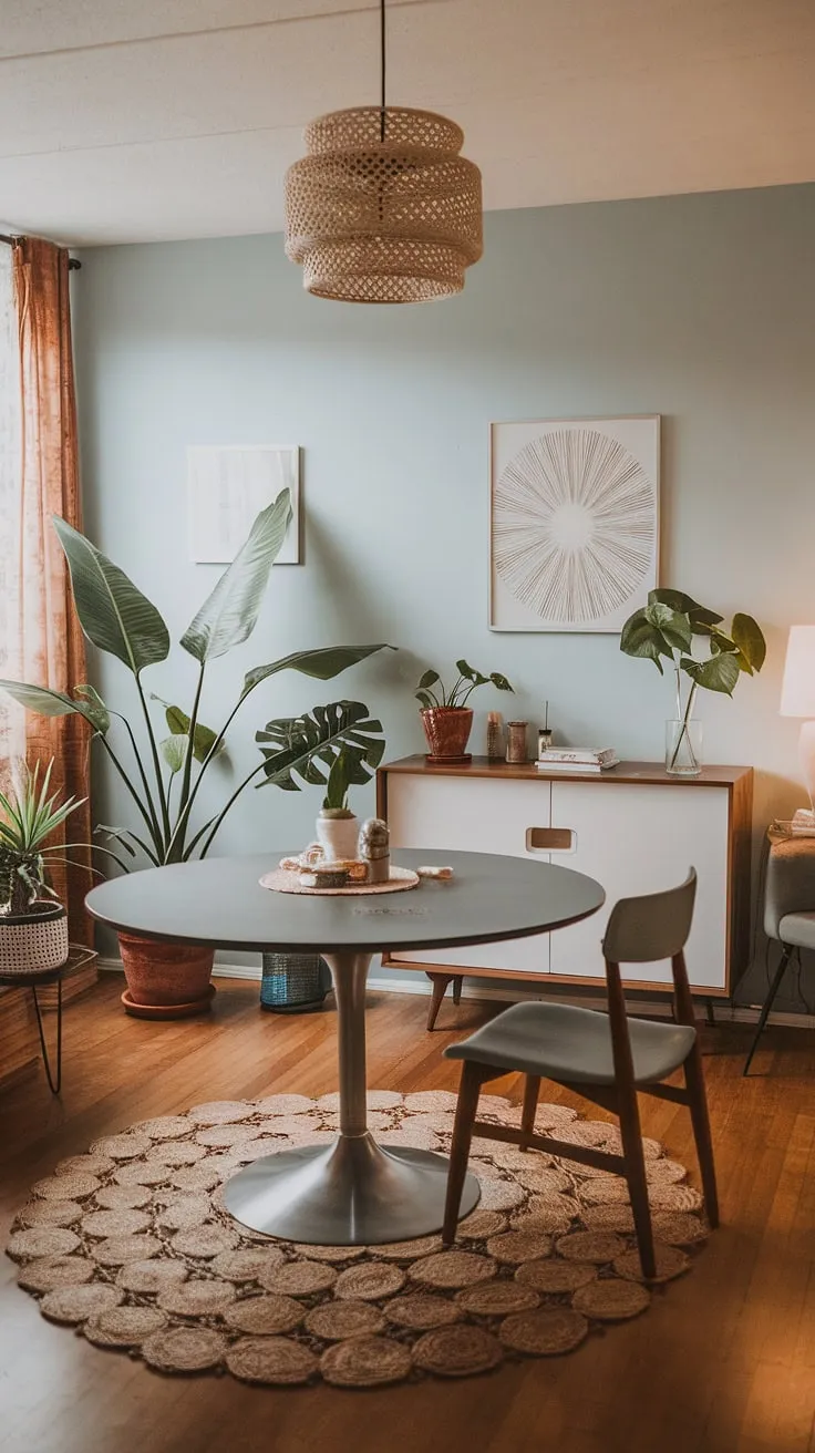 This light-filled space effortlessly blends mid-century modern lines with a bohemian spirit. The pale blue walls and warm wood floors create a tranquil backdrop for the round dining table, where memories are made and meals are shared. A touch of greenery and carefully chosen accessories complete the inviting ambiance.