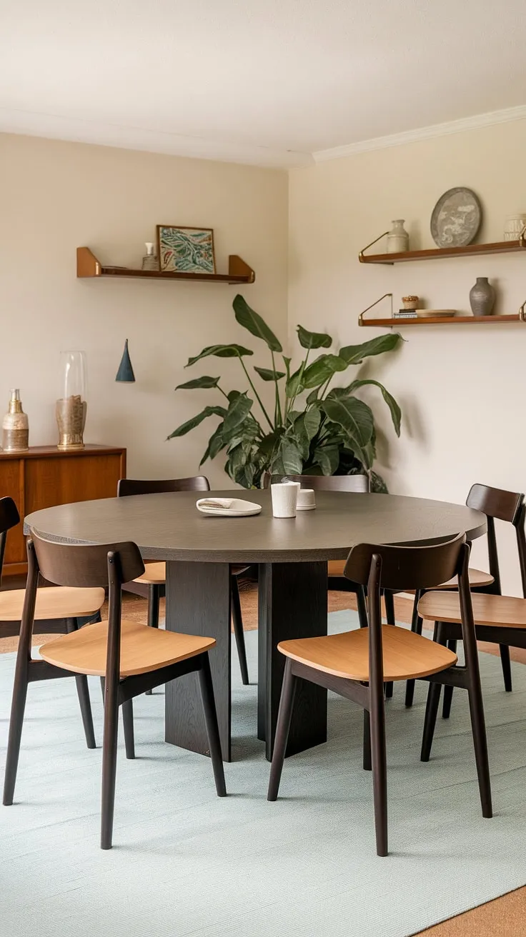 This round dining table, the centerpiece of this mid-century modern haven, effortlessly anchors the space. Surrounded by sleek chairs and accented by a calming blue rug, it's a room that whispers elegance. A truly inspiring setting for family gatherings and intimate dinners. A space where memories are made.