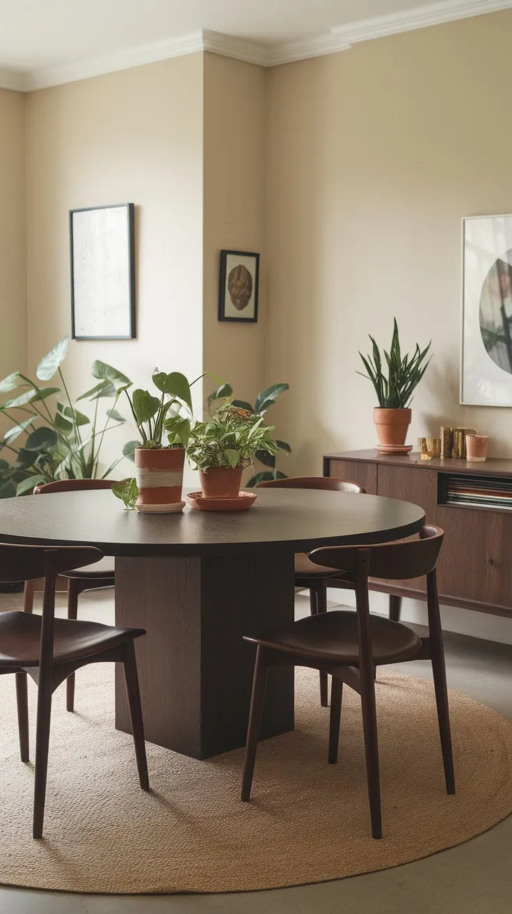 This mid-century inspired dining room is a study in understated elegance. The curved lines of the chairs and the organic forms of the potted plants create a sense of calm and tranquility. The dark wood table anchors the space, providing a grounding element amidst the soft beige walls and textured rug. A thoughtfully arranged display on the nearby cabinet adds a touch of personality.