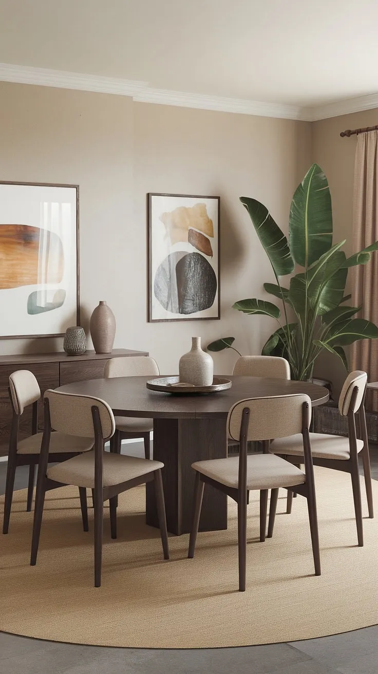 Gather 'round the table! This mid-century modern dining room, with its round dark wood table and comfortable beige chairs, is the perfect setting for intimate gatherings. The subtle boho accents and a add a layer of personality and warmth, making it a space where memories are made.
