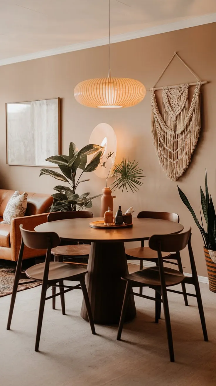 Warmth, comfort, and mid-century modern style seamlessly blend in this inviting dining space. The soft beige walls, round dining table, and bohemian accents create a truly unique and relaxing atmosphere. A perfect spot for gathering with loved ones.