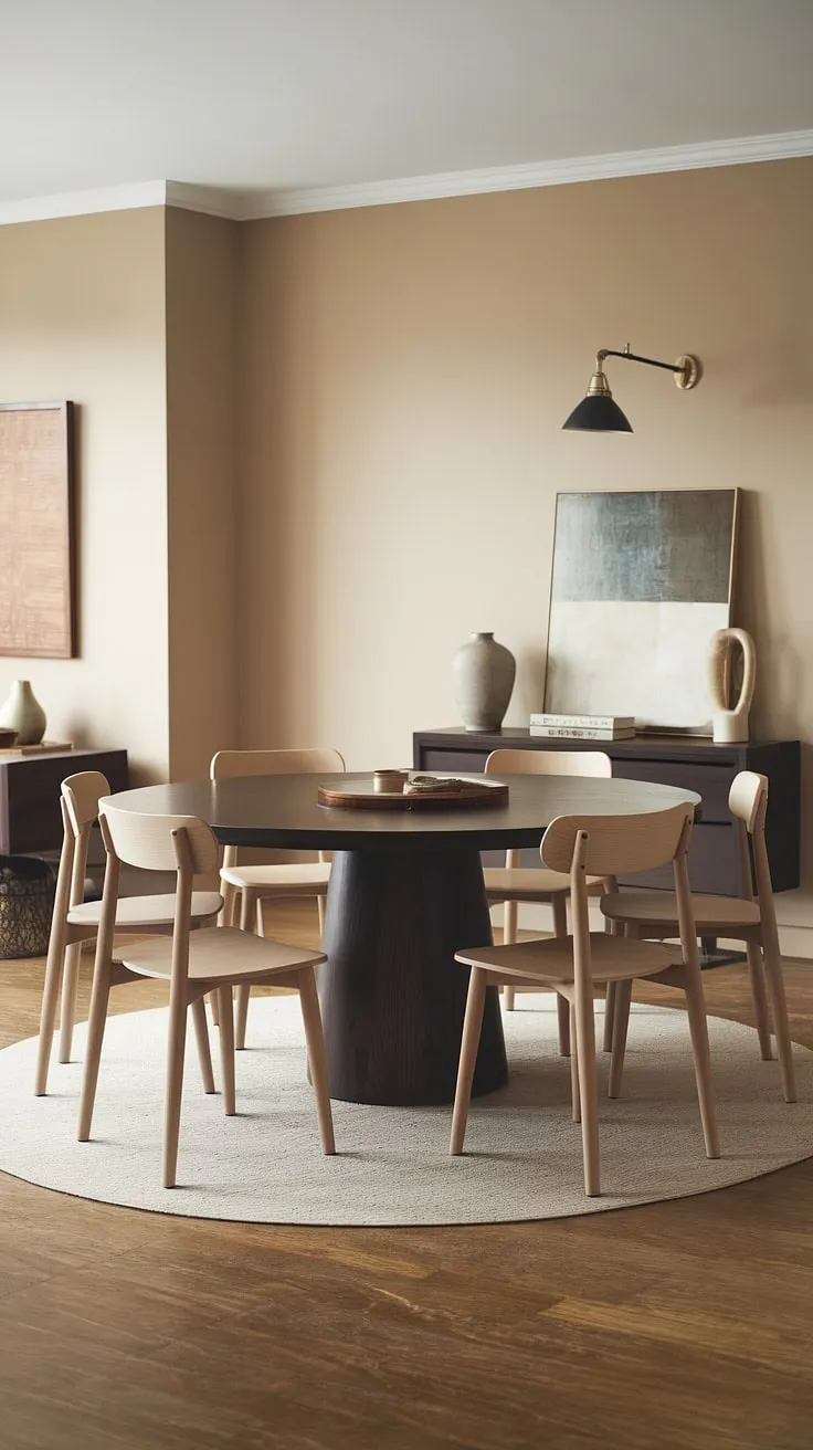 Warmth and sophistication meet in this mid-century modern dining room. The rich, dark wood of the round table anchors the space, complemented by the light-colored chairs and beige walls, creating a calming and inviting atmosphere. A simple yet elegant wall lamp adds a touch of personality.