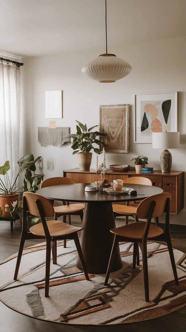 Sunlight streams into this airy dining room, illuminating the elegant curves of the chairs and the vibrant pattern of the rug. A blend of mid-century modern and bohemian aesthetics, this space is a testament to thoughtful design and a celebration of effortless style. A truly captivating atmosphere.