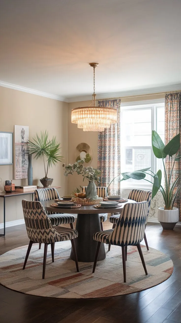 Gather 'round the table! This dining room effortlessly blends mid-century modern lines with a bohemian spirit. The rich textures, playful patterns, and statement chandelier create a vibrant and inviting atmosphere, perfectly complemented by the calming beige walls and the lush greenery near the window. It's the perfect a space for unforgettable meals and lively conversations.