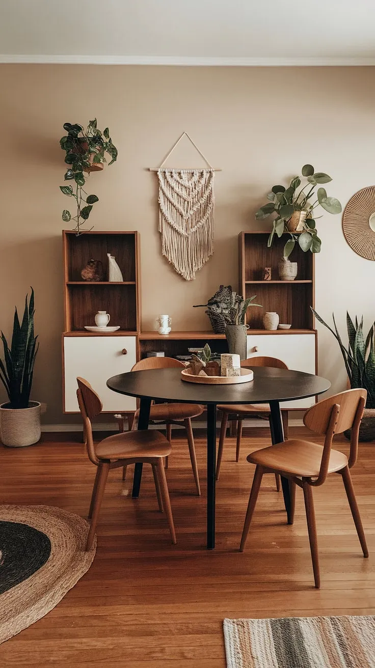 Mid-century modern meets boho chic in this dreamy dining room. The warm beige walls, curved chairs, and round table create a welcoming atmosphere, perfectly complemented by the lush greenery and handcrafted macrame. A touch of vintage charm is added with the white cabinet and its carefully curated collection. This space effortlessly blends comfort and style.