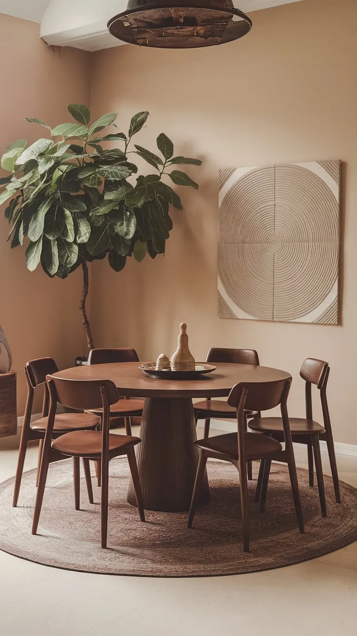 Mid-century modern meets bohemian ease in this dining room. The warm beige walls, geometric art, and rustic light fixture create a sophisticated yet relaxed atmosphere, perfectly complemented by the lush ficus tree and textured rug. A haven for gatherings and quiet contemplation alike.
