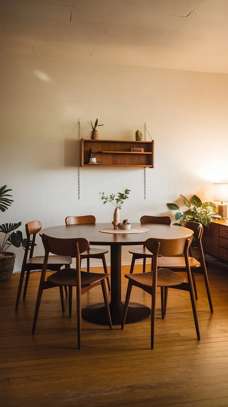 This mid-century modern dining room is a study in understated elegance. The warm lighting enhances the rich tones of the wood flooring and the round dining table, while the white walls provide a clean backdrop. A few carefully selected plants and decorative items on a simple wooden shelf add personality without overwhelming the space. The comfortable chairs invite conversation and relaxation, making this the perfect setting for memorable meals and gatherings. A feeling of timeless style is evident in every detail.