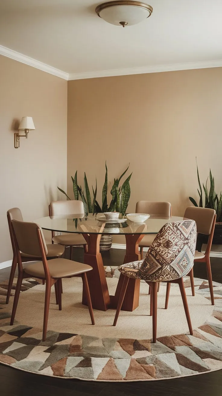 This dining room effortlessly blends the clean lines of mid-century modern design with the playful spirit of bohemian style. The round glass table, supported by a classic wooden base, anchors the space, while the unique patterned chair adds a touch of unexpected personality. The neutral beige walls and geometric rug create a harmonious backdrop, allowing the furniture and plants to take center stage. A space where comfort and style coexist beautifully.
