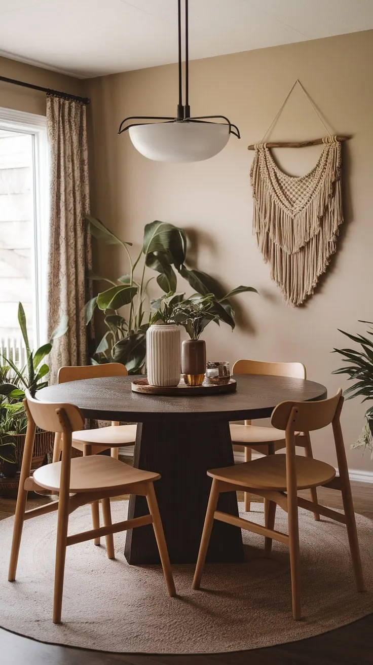 This round dining table is the heart of this eclectic space, where mid-century modern design blends seamlessly with bohemian accents. The light wood chairs offer a beautiful contrast to the dark wood table, while the potted plants and macrame wall hanging add a touch of organic texture. A calming beige backdrop completes this inviting and stylish dining area.