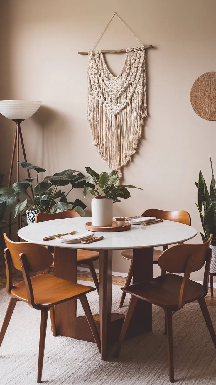 Sunlight streams through the window, illuminating the creamy marble tabletop and the warm wood of this mid-century modern dining space. A macrame wall hanging adds a touch of bohemian flair, perfectly complementing the curved lines of the chairs and the overall sense of relaxed sophistication. This is where memories are made, one delicious meal at a time.