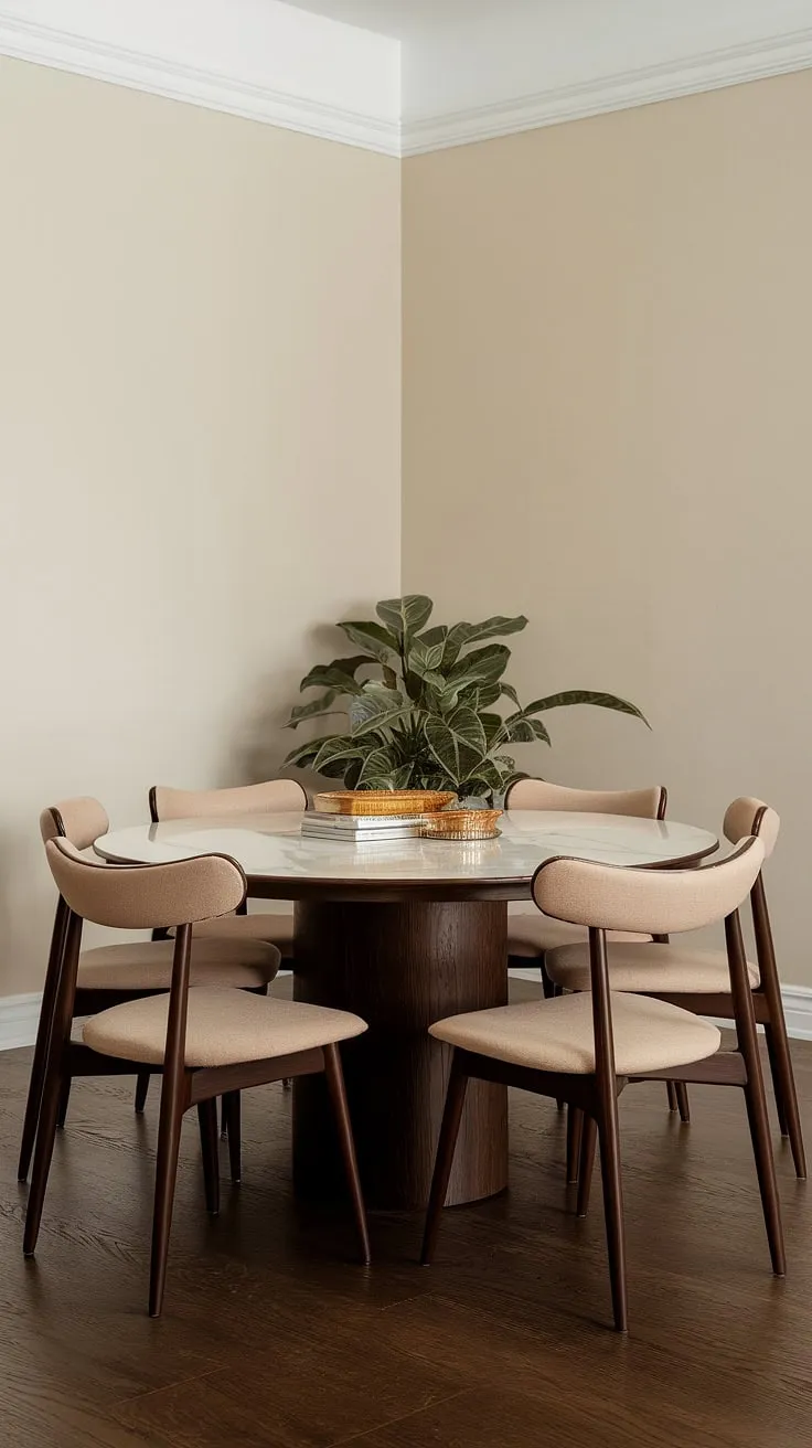 A perfectly balanced composition: the rich dark wood of the round dining table and floor, contrasted by the creamy beige walls and upholstery, creates a serene and inviting atmosphere. A touch of greenery adds life to this sophisticated space, highlighting the beauty of A simple yet refined design.