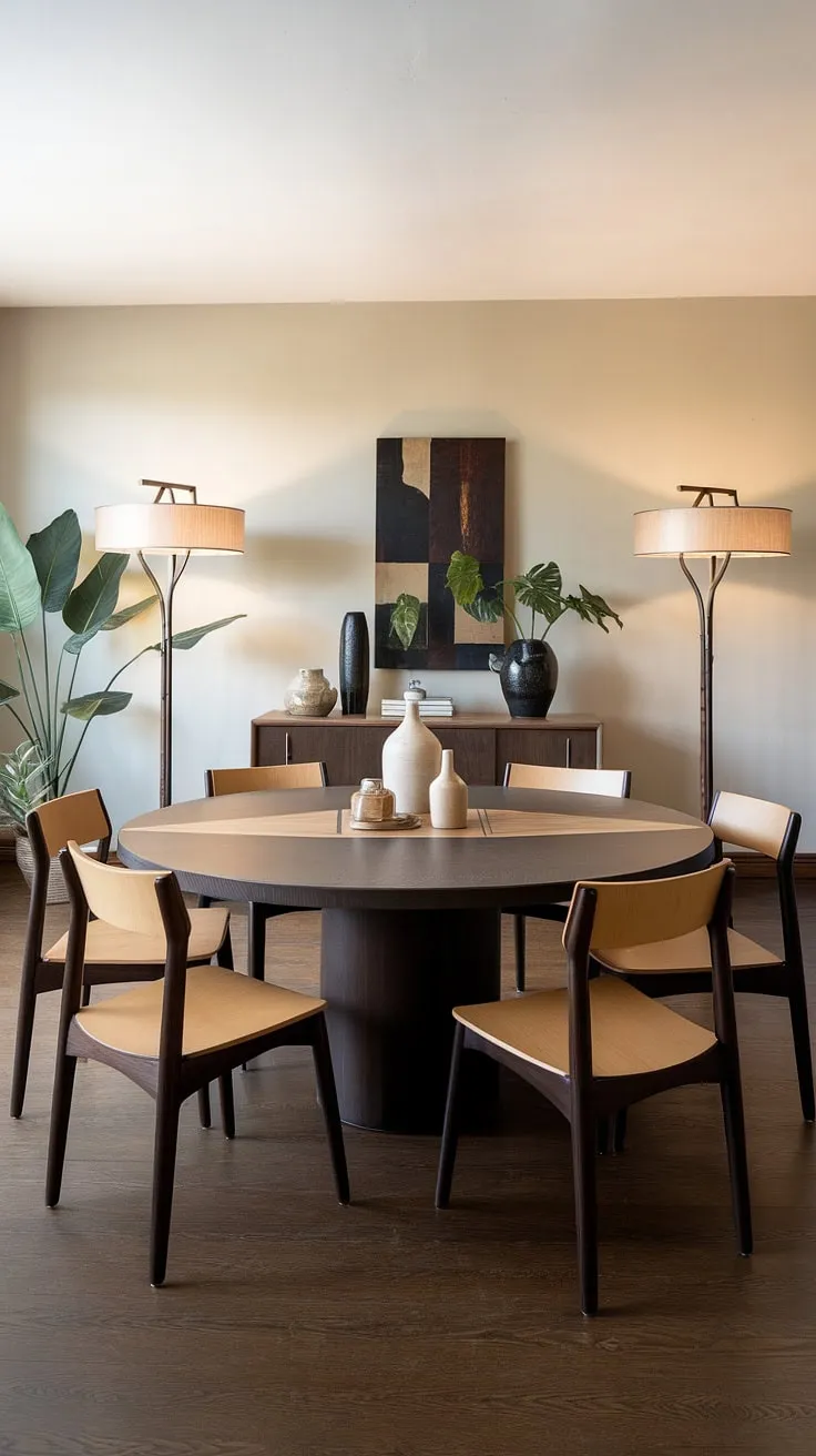 Mid-century modern elegance redefined. The warm glow of the inlaid wood table, complemented by the rich tones of the dark wood flooring and chairs, creates a sophisticated ambiance. A perfect setting for intimate gatherings and cherished memories. The carefully curated details, from the floor lamps to the potted plant, speak to a refined aesthetic.