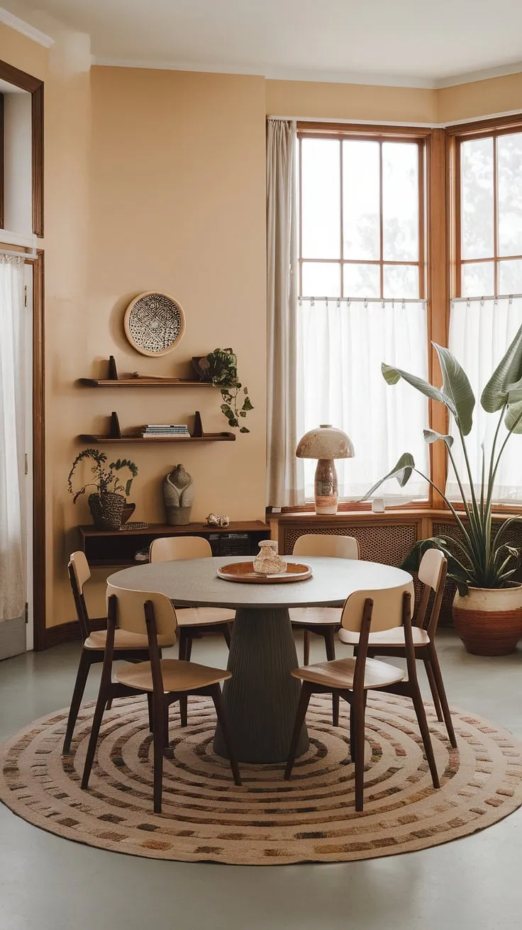 Sunlight streams through the large windows, illuminating the warm beige tones of this mid-century modern boho dining room. The circular rug anchors the space, perfectly complementing the round dining table and creating a sense of calm and effortless style. A lush potted plant adds a touch of nature, while carefully curated details, like the ceramic lamp and wooden shelf, complete the inviting atmosphere. This is where memories are made.