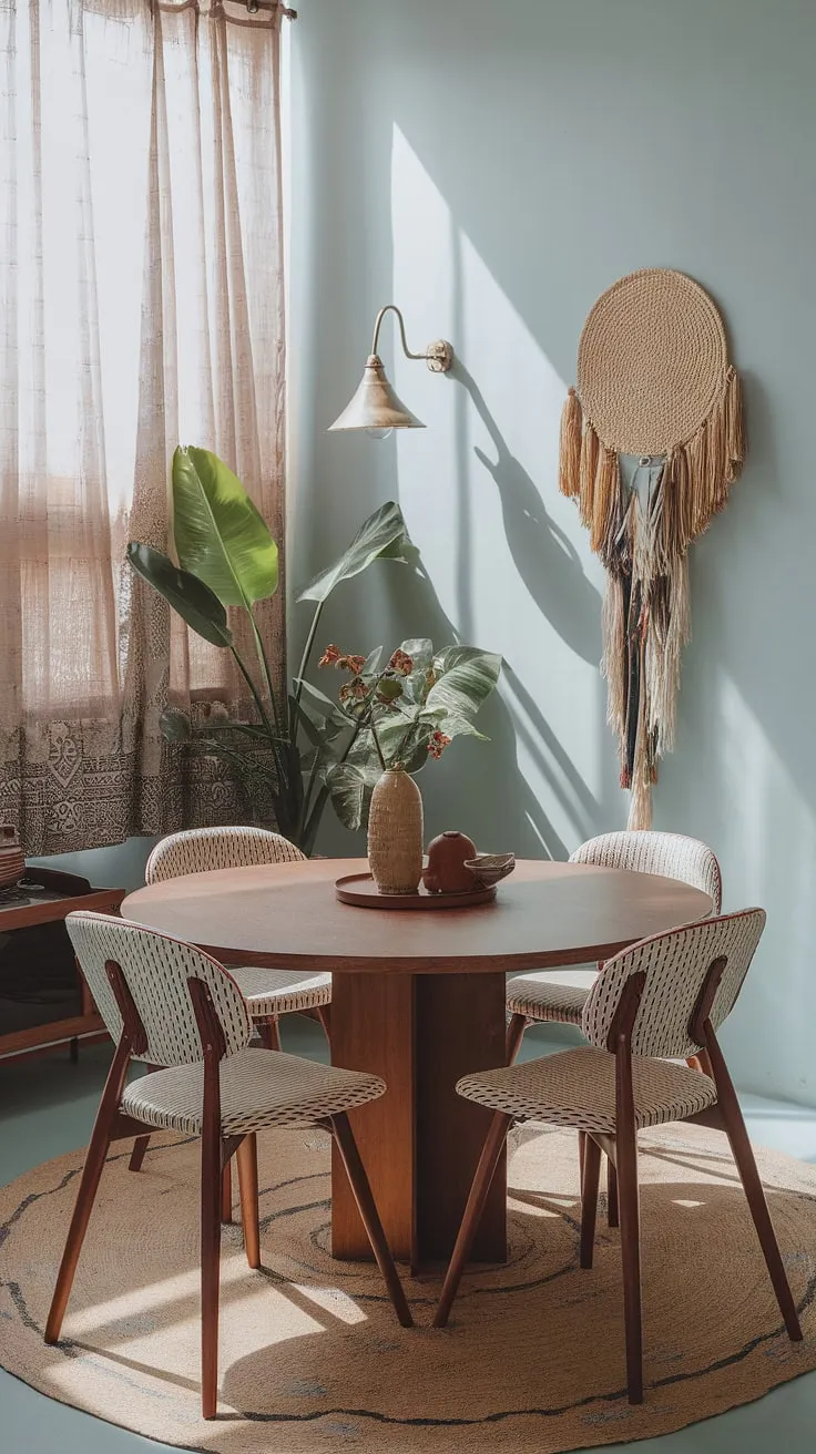 This light-filled mid-century modern dining room is a haven of boho-chic style. A round table sits at the heart of the space, surrounded by a delightful mix of patterns and textures. The light blue walls, a flourishing plant, and a vintage lampshade add character and warmth. It's a space where memories are made, and style is celebrated.