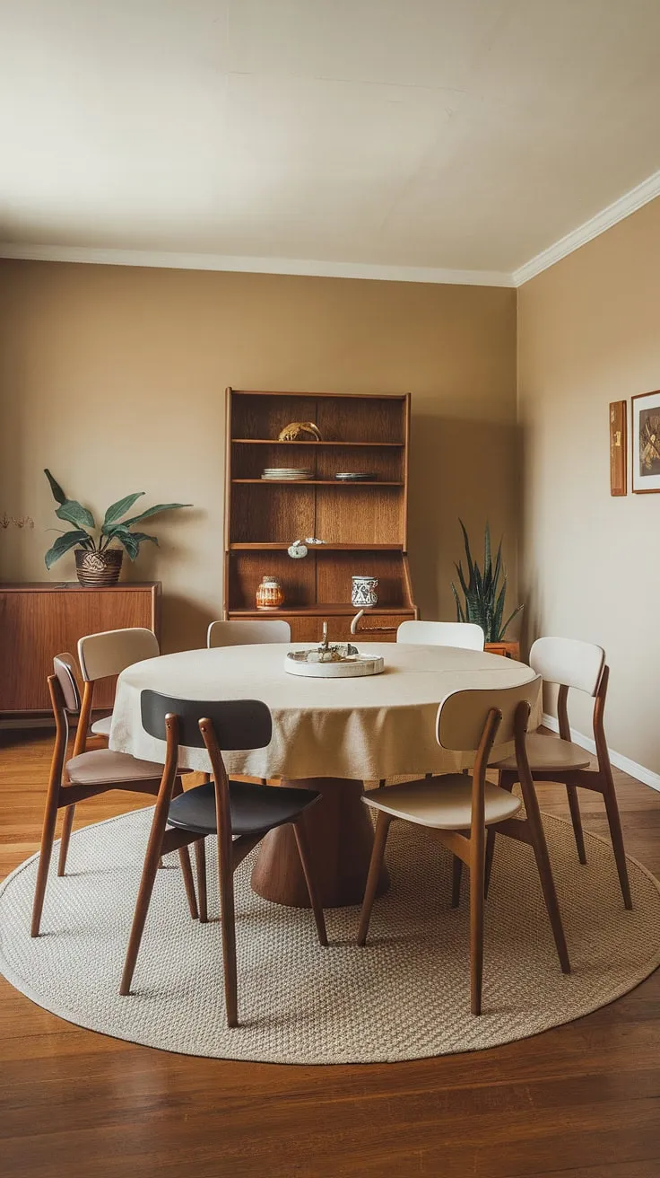 Warmth and understated elegance define this mid-century modern dining room. The carefully curated mix of chairs around the round table, each a unique design statement, speaks to a personality that values both comfort and style. A sense of calm pervades the space, enhanced by the neutral palette and the soft glow of natural light.