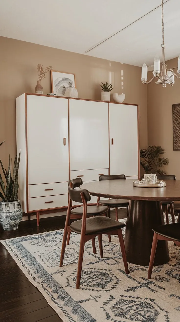 Mid-century modern meets bohemian ease in this dining room. The creamy walls and geometric rug create a calming backdrop for the iconic round table, while pops of color and texture from the accessories add a touch of playful personality. A perfect blend of vintage charm and relaxed style.