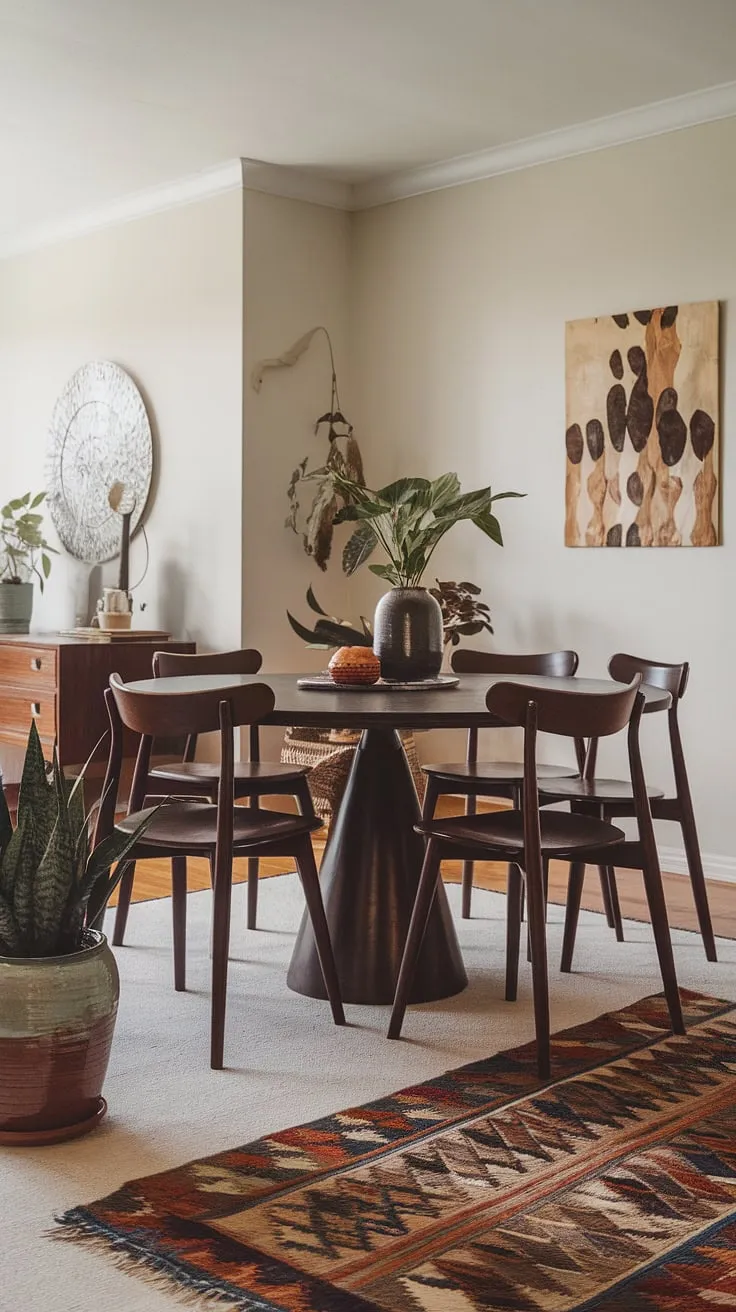 This dining room is a celebration of mid-century design, infused with a bohemian spirit. The rich tones of the round table and chairs are beautifully balanced by the light walls and patterned rug. A carefully curated collection of decorative items completes the look, creating a space that is both stylish and inviting. A haven of calm and sophistication.