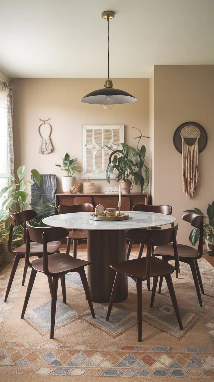 This mid-century modern dining room, with its dark wood table and white marble top, is a testament to timeless design. The bohemian accents and carefully chosen plants add warmth and personality, creating a space that's both stylish and inviting. A perfect setting for intimate gatherings and cherished moments.
