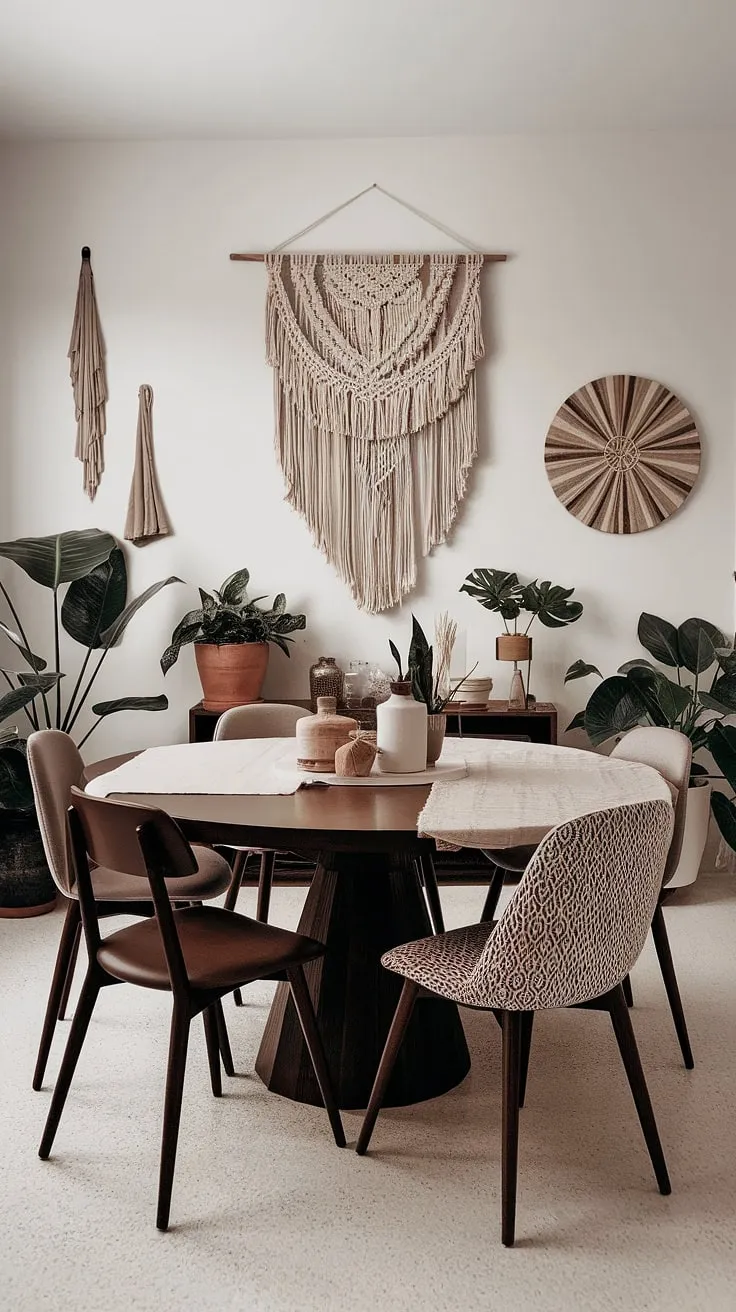 Gather 'round the table. This mid-century modern dining space, with its rich dark wood and airy white walls, is a testament to effortless style. The eclectic mix of patterned chairs and bohemian accents, including a stunning macrame wall hanging and lush potted plants, creates a space that's both sophisticated and relaxed. A place for conversation and connection.