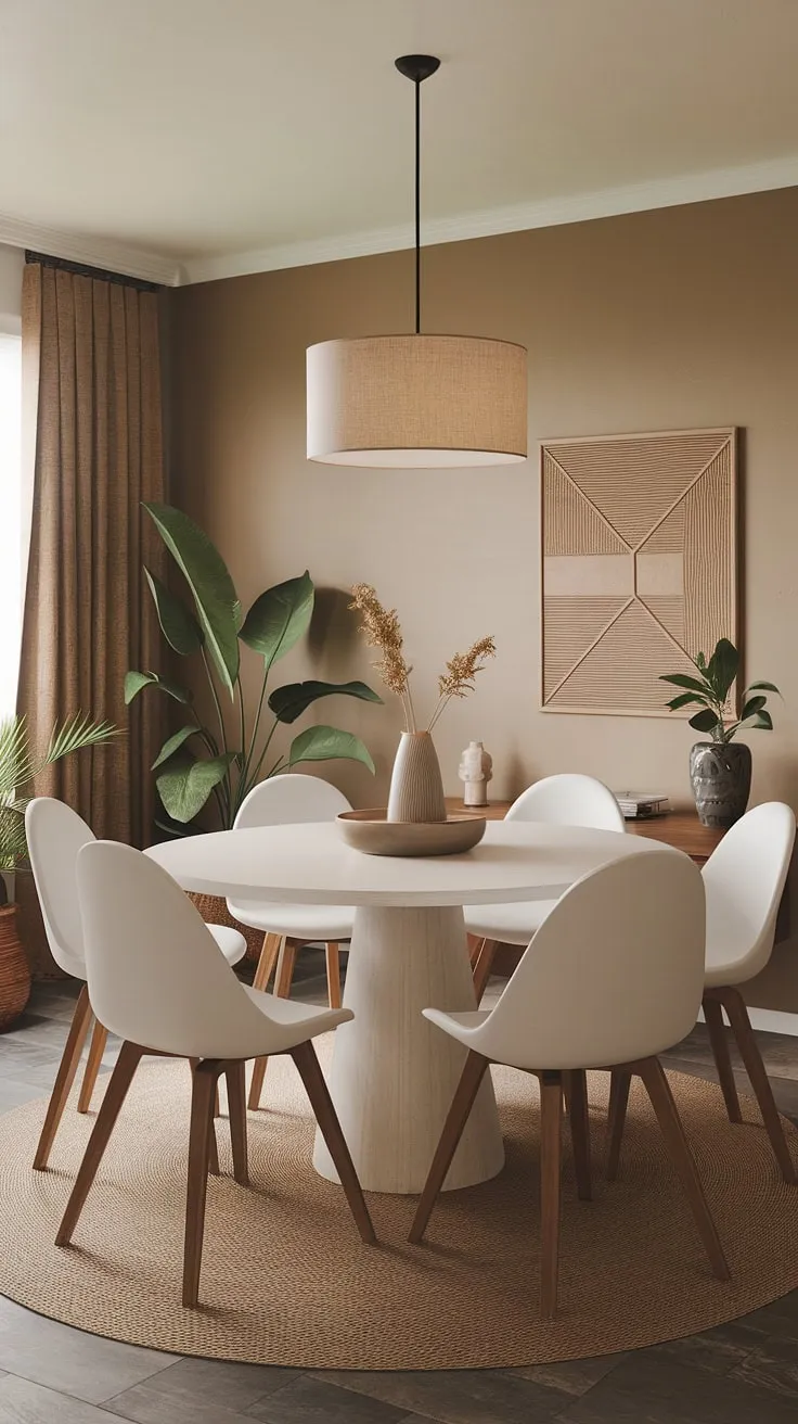 This sun-drenched dining room is a testament to the enduring appeal of mid-century modern design. The round table, a central hub of connection, is surrounded by inviting white chairs, their wooden legs grounding the space. Bohemian elements add a touch of personality, creating a warm and inviting atmosphere perfect for intimate gatherings and cherished memories.