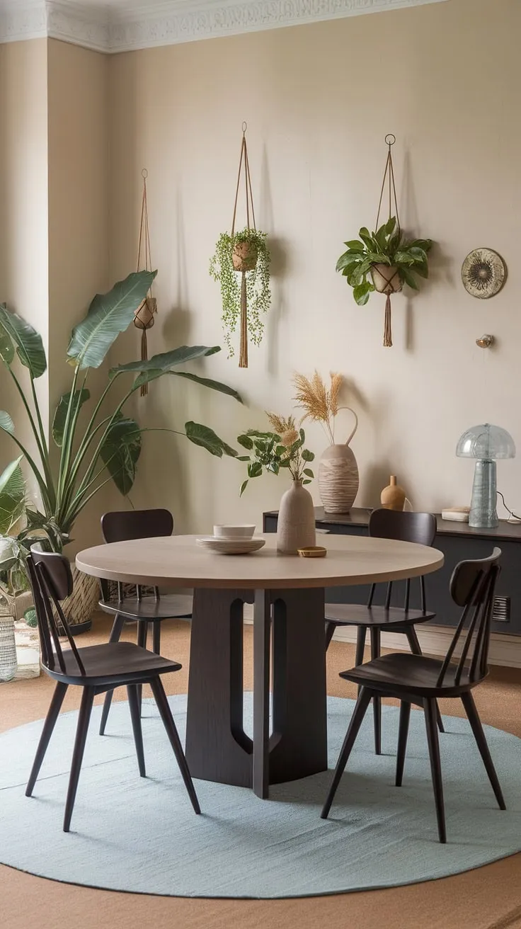 This mid-century modern dining room effortlessly blends sophistication and comfort. The unique chairs surrounding the stunning two-toned round table create a visually captivating focal point, while the lush greenery and soft beige walls add a touch of bohemian warmth. A space designed for connection and cherished moments.