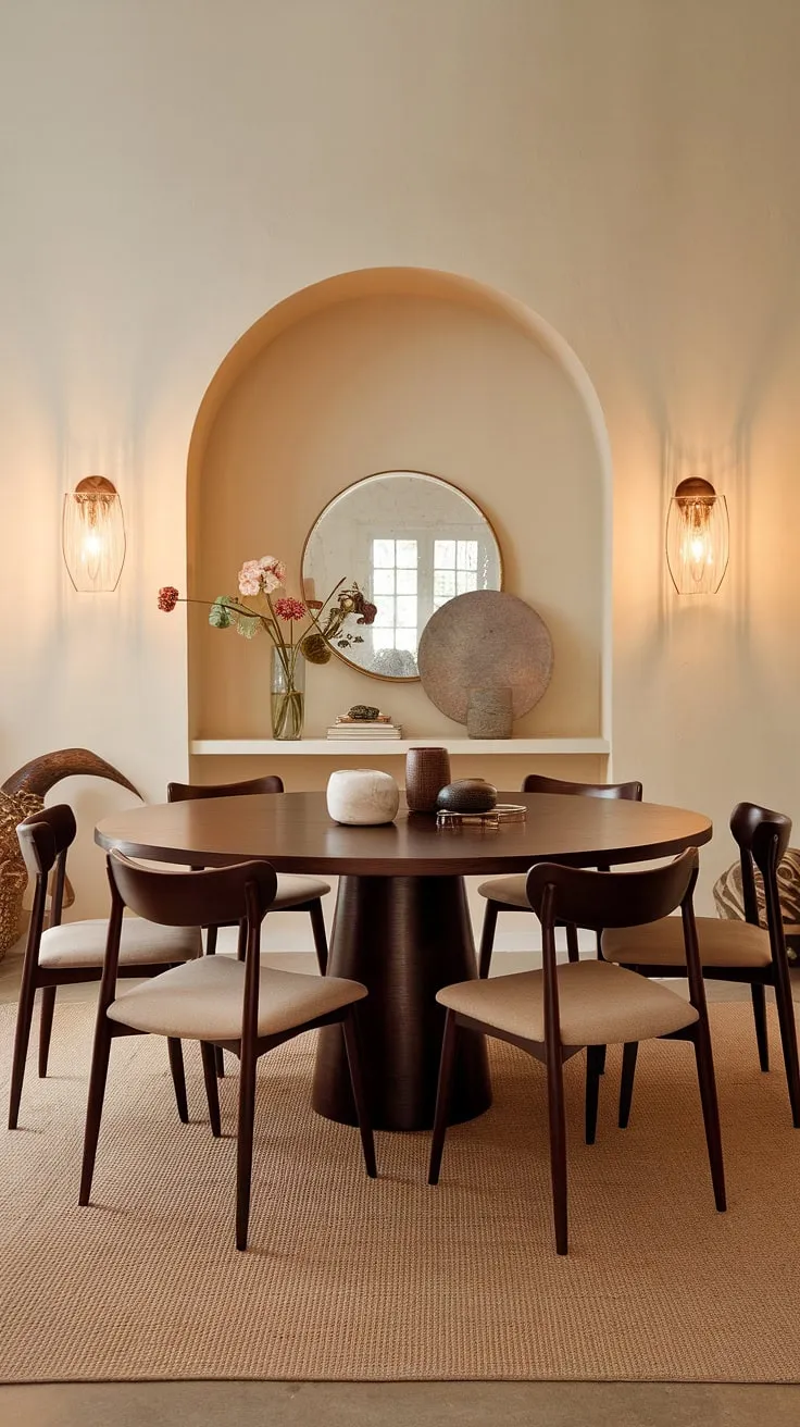 Gather 'round the richly toned, mid-century modern table for an evening of laughter and conversation. The warm glow of the sconces and the soft beige walls create a truly inviting atmosphere, perfectly complemented by the eclectic boho touches. This is where memories are made.