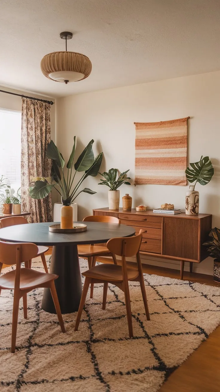 This dining room effortlessly blends the clean lines of mid-century modern design with the relaxed warmth of bohemian style. The carefully curated details, from the sculptural light fixture to the eclectic sideboard decor, create a space that's both sophisticated and inviting. A perfect example of how to seamlessly blend contrasting aesthetics.
