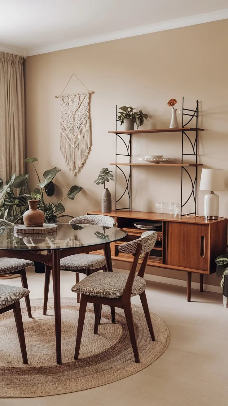 Mid-century modern meets bohemian charm in this sun-drenched dining room. The glass-topped table and curved chairs create a sophisticated yet relaxed atmosphere, perfectly complemented by the textured rug, macrame wall hanging, and lush potted plants. A touch of warmth is added by the wooden sideboard and its carefully curated accessories. This space effortlessly blends classic design with a free-spirited aesthetic.